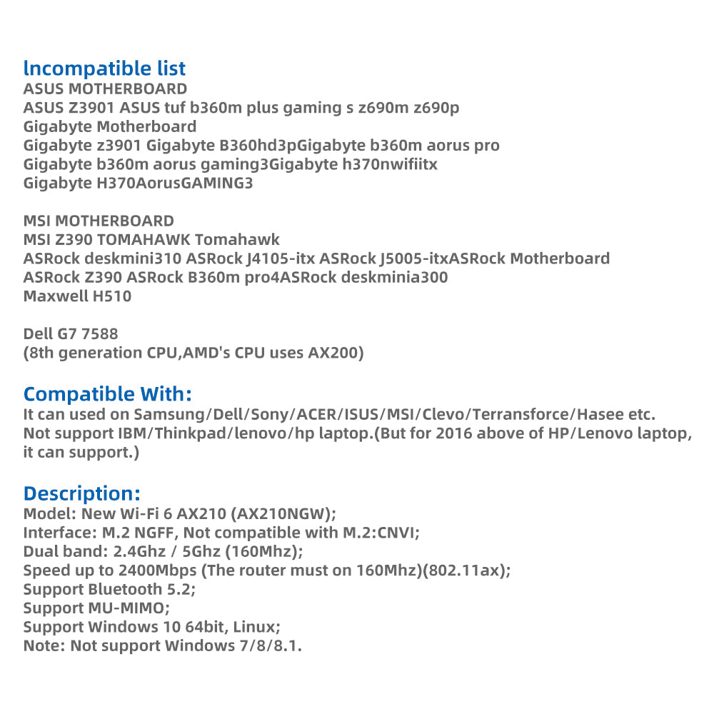 Intel AX210NGW Tarjeta WiFi Tarjeta Bluetooth 5.3 Soporte para computadora portátil Windows 10/11 (64 bits) M.2 / NGFF